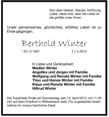Traueranzeige von Berthold Winter von Pegnitz-Zeitung